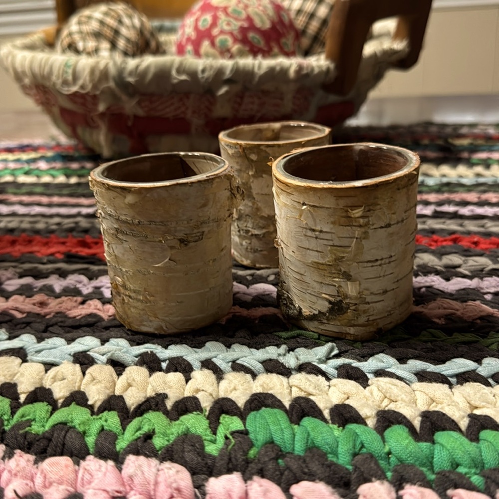 Birtch Bark candle holder set of three tea lights 2 " wide x 2 1/2 " tall